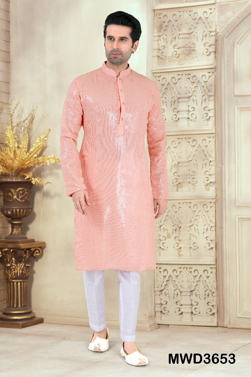 Readymade Peach Sequins Embroidered Kurta Pajama, 36-1.webp